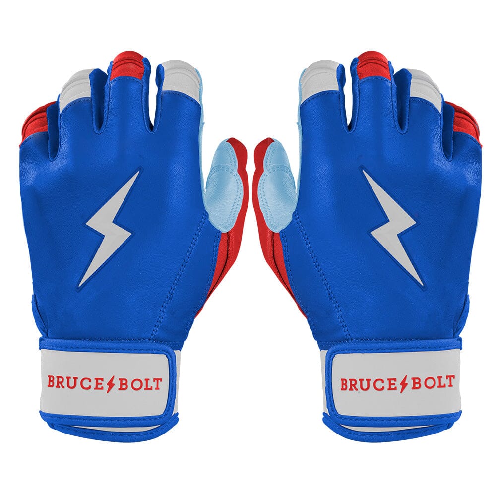 Bruce Bolt Premium Pro Short Cuff Batting Gloves - Red White Blue