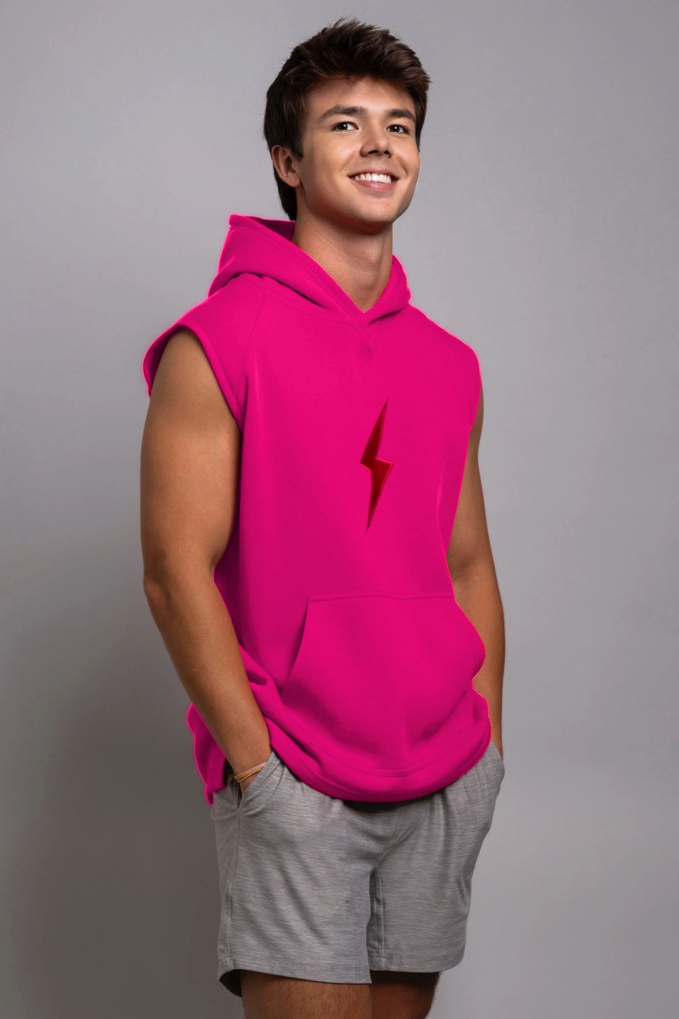 Bruce Bolt Sleeveless Hoodie - Pink with Red Bolt for Athletes