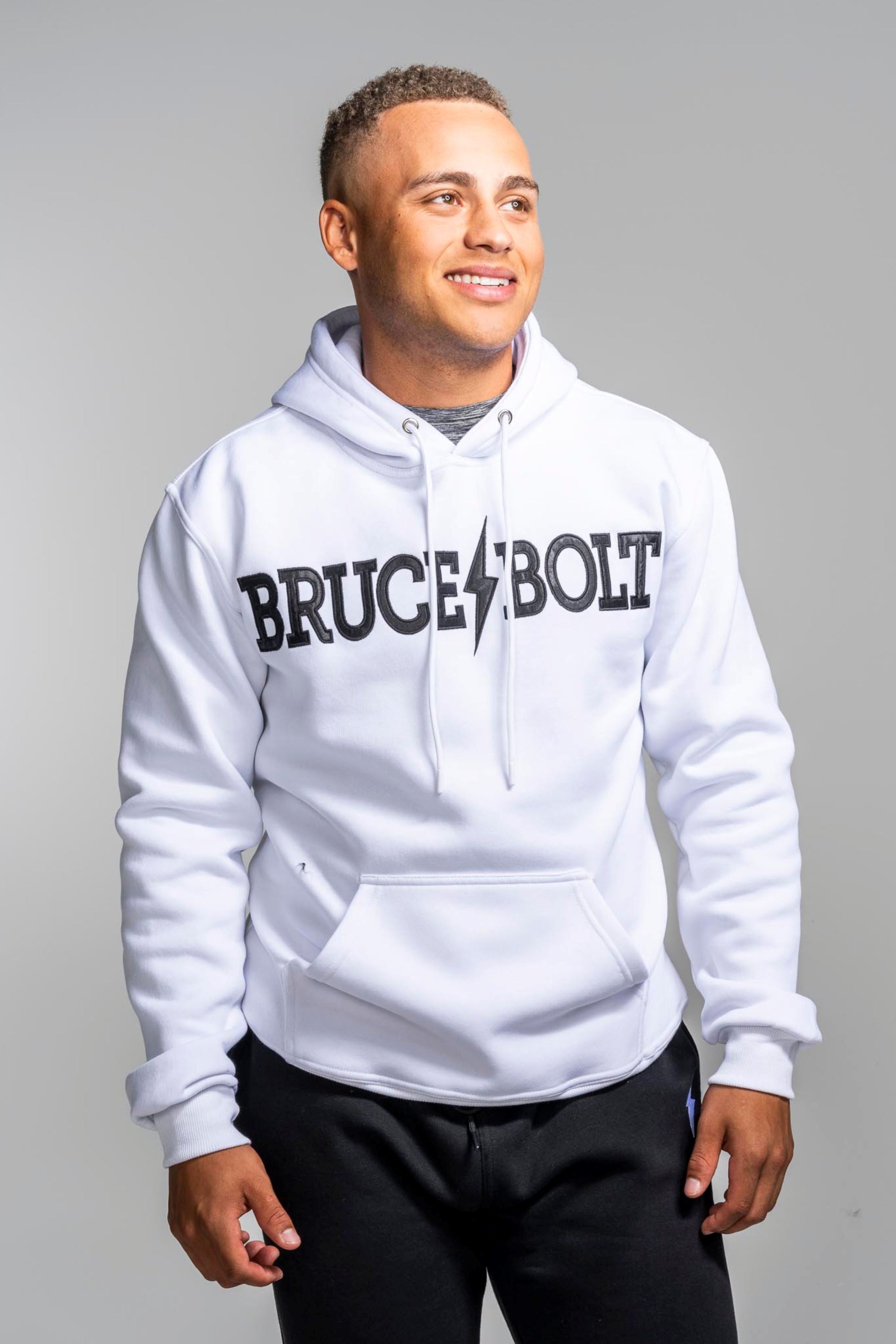 Bruce Bolt Cotton Blend Hoodie - White with Wordmark Design