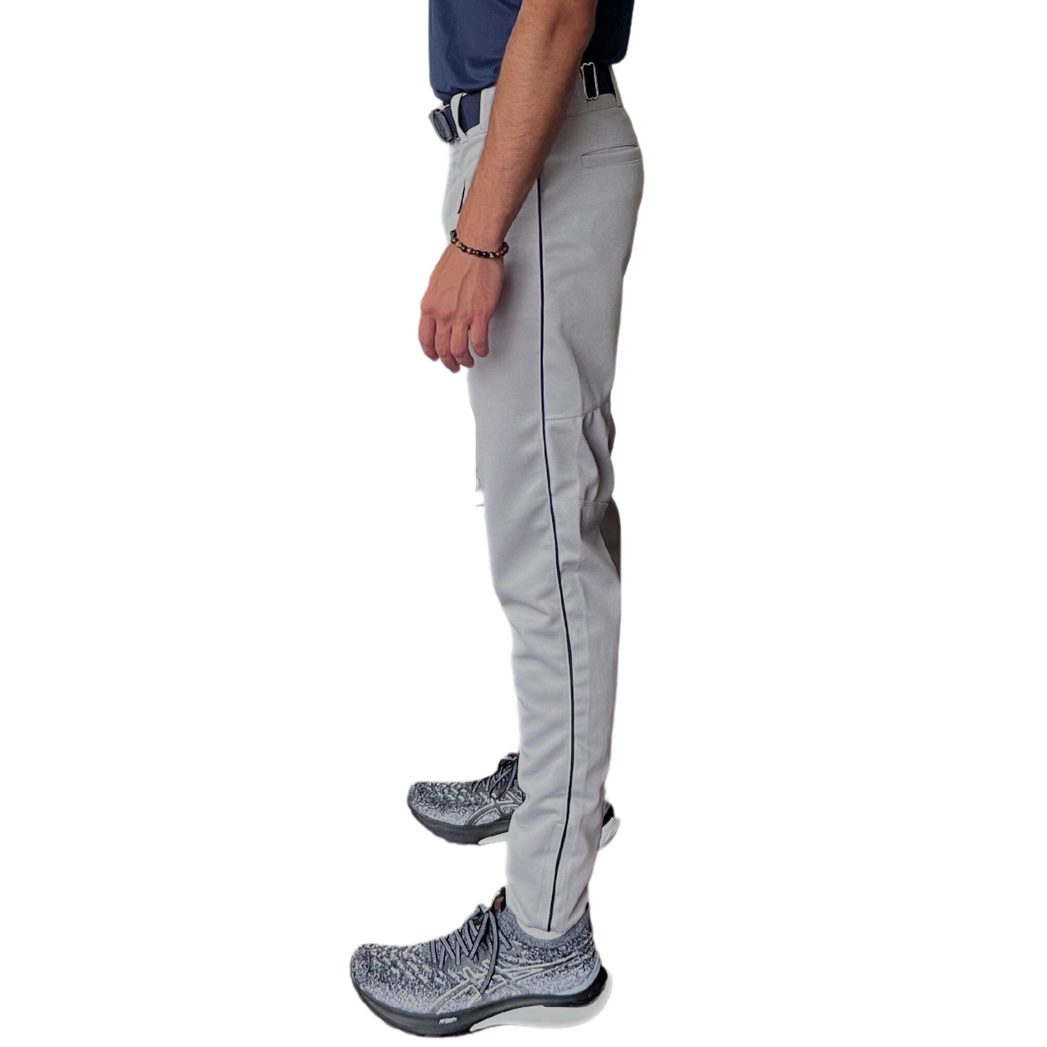 BRUCE BOLT Pro Baseball Pants - Grey with Navy Piping, 4-Way Stretch
