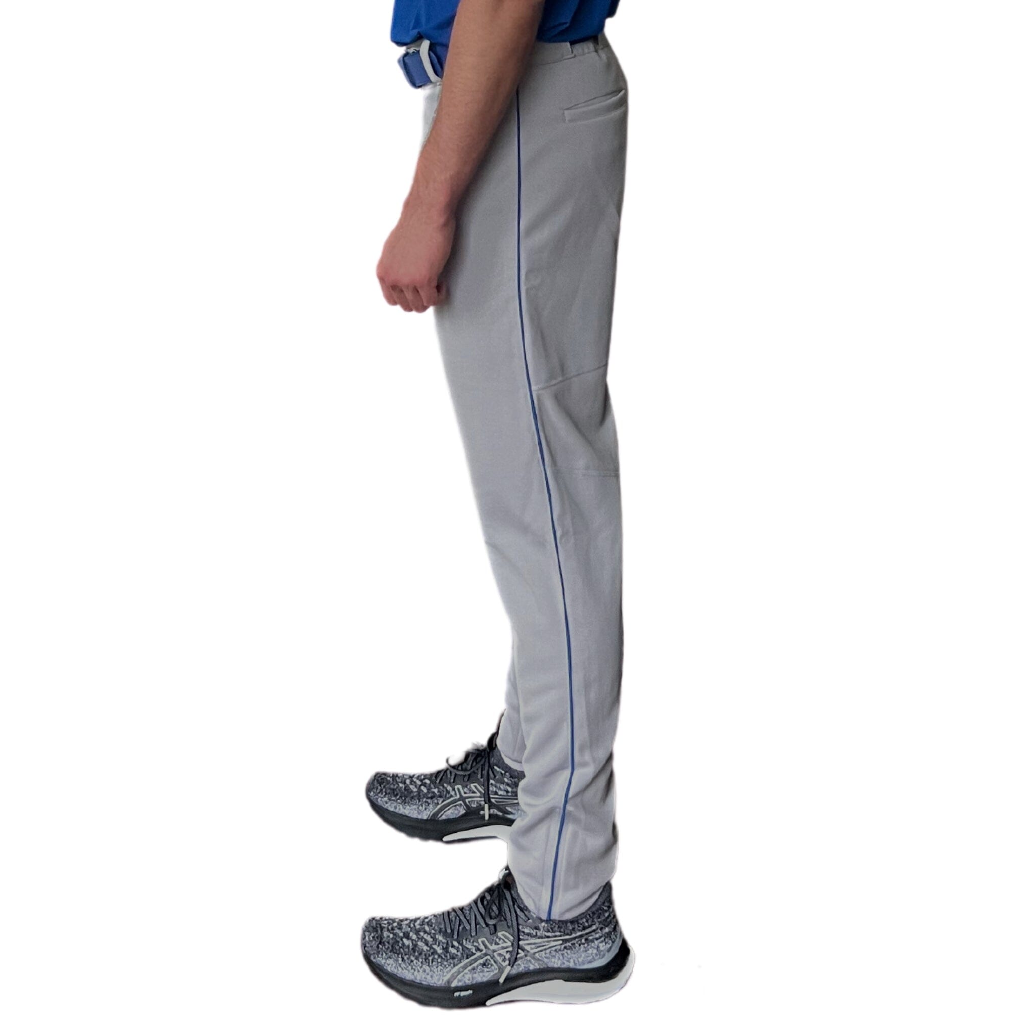 Bruce Bolt Pro Baseball Pants - Grey with Royal Piping, Stretch Polyester Mesh