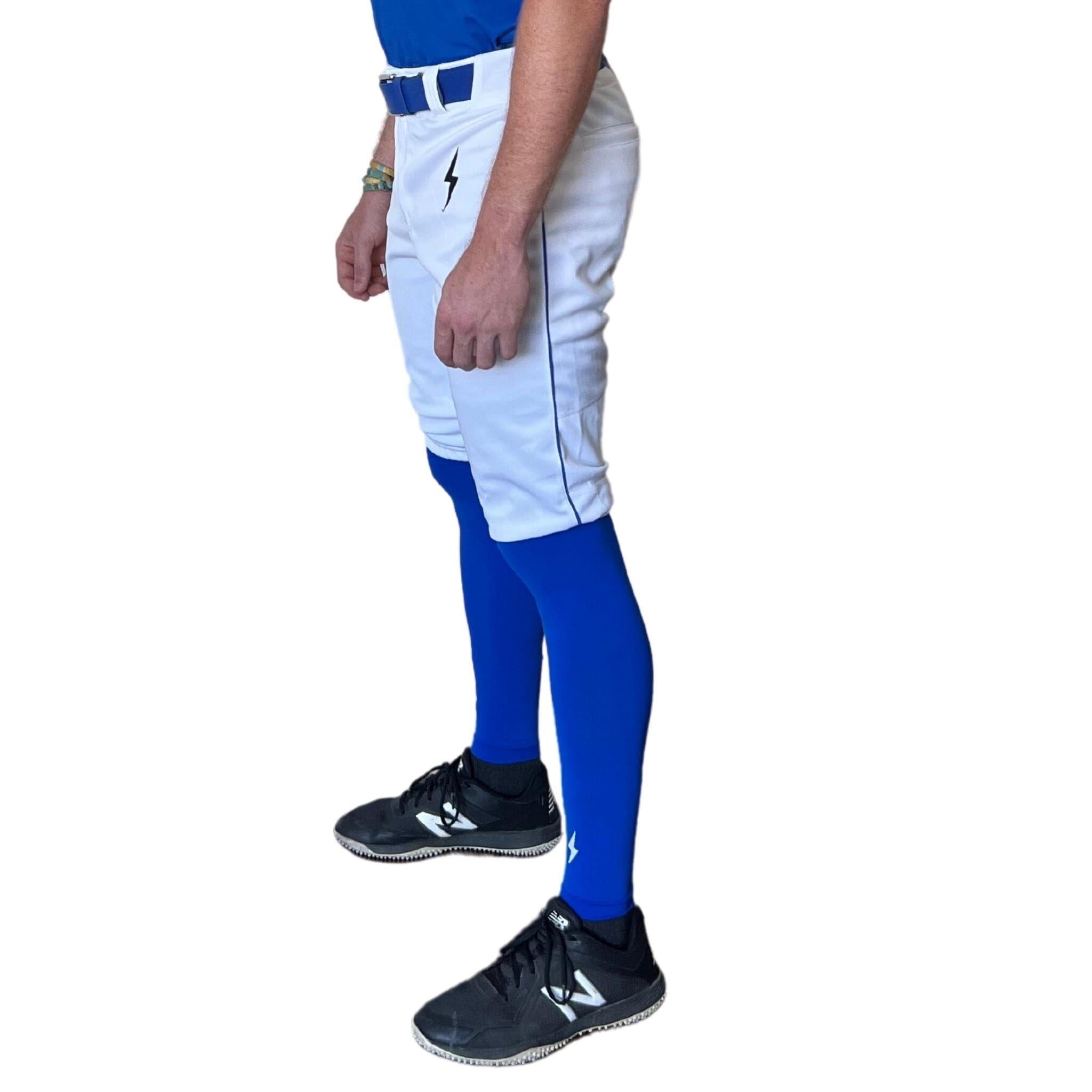 Bruce Bolt Pro Baseball Shorts - White & Royal, Above-Knee Fit, Breathable Mesh