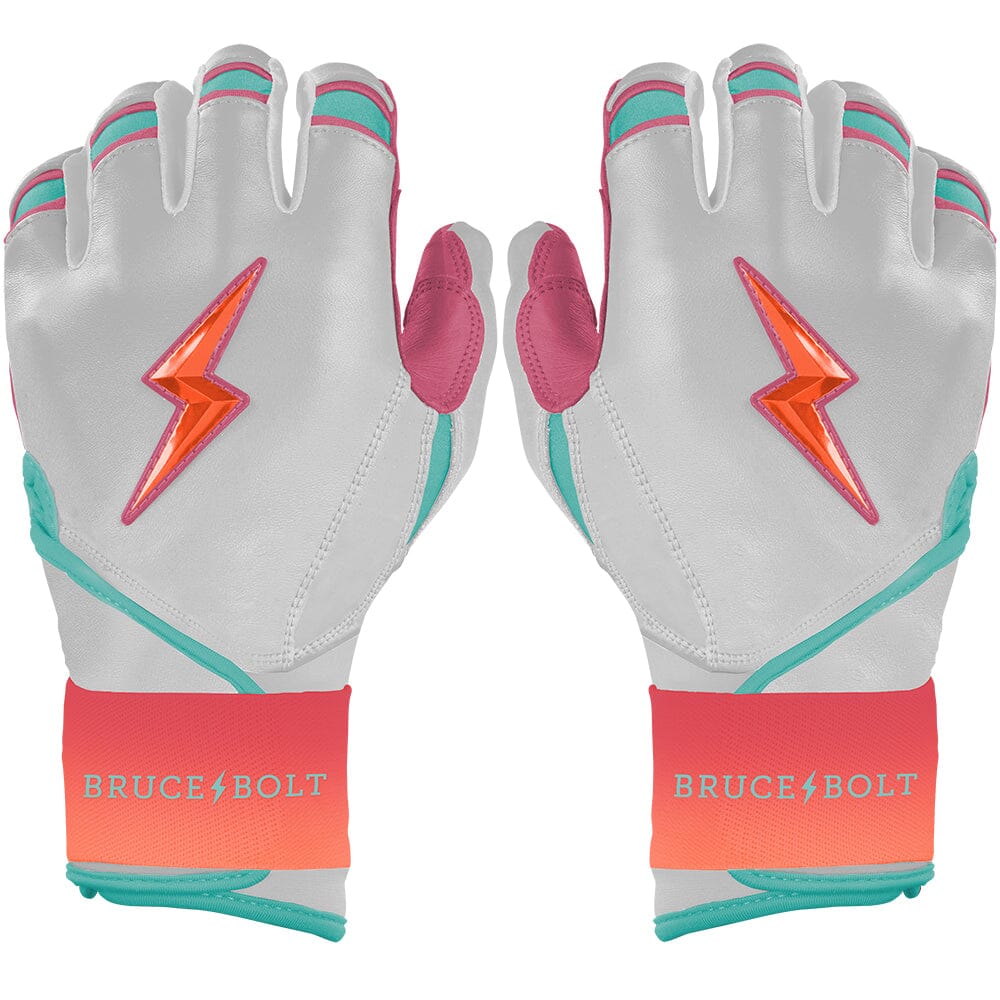 Bruce Bolt Premium Pro Long Cuff Batting Gloves – White with Pink & Blue Accents