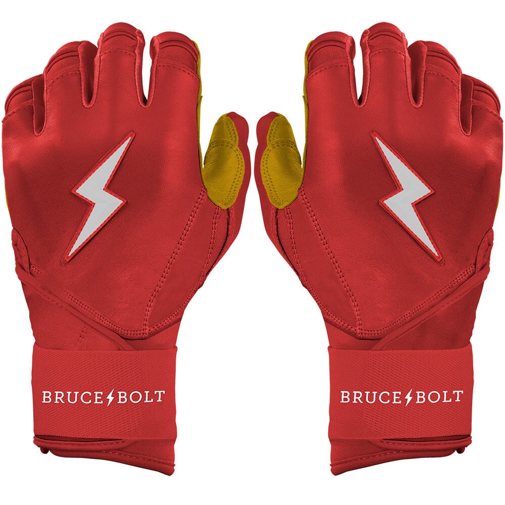 Bruce Bolt Premium Pro Long Cuff Batting Gloves - Red Cabretta Leather