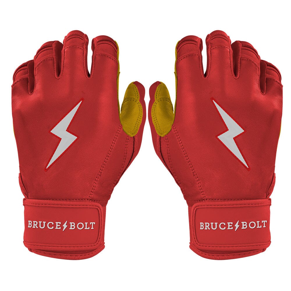 Bruce Bolt Premium Pro Short Cuff Batting Gloves - Red Cabretta Leather
